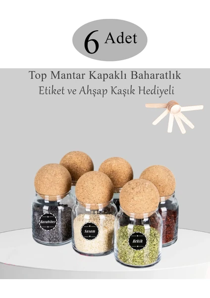 Krm Home 6'lı Top Mantar Kapaklı Cam Kavanoz ve Baharat Seti Etiket ve Ahşap Kaşık Hediyeli 300 ml