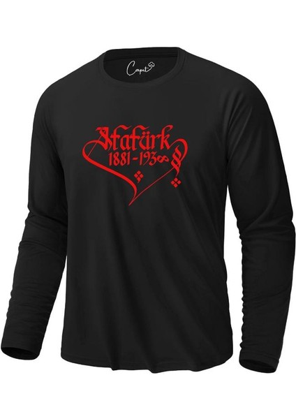 Pamuklu Kırmızı Atatürk Hat Sanatı Baskılı Uzun Kollu 10 Kasım Tişört