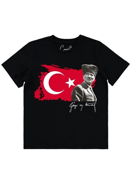 Pamuk Standart Kesim Sıfır Yaka Kısa Kollu Ay-Yıldız Gazi M.kemal Atatürk Baskılı 10 Kasım Çocuk Tişörtü