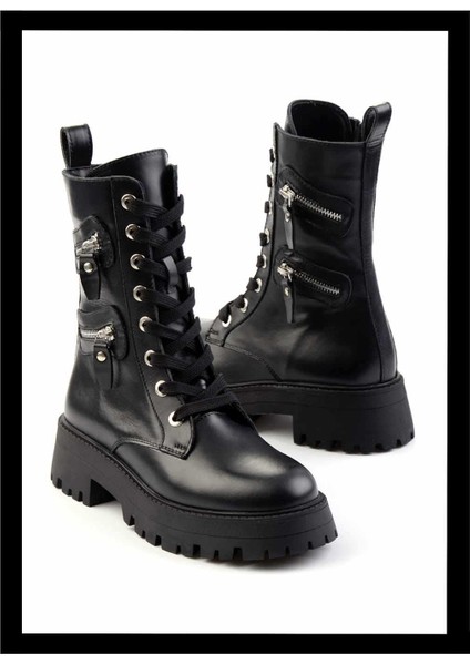 Siyah Deri Kadın Bot & Bootie K02351321003