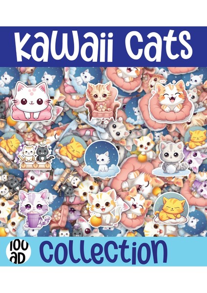 Kawaii Sea Cats( Kediler) Temalı 2 Sayfa A4 100 Adet Sticker Set