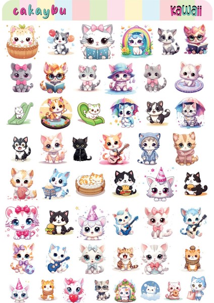 Kawaii Sea Cats( Kediler) Temalı 2 Sayfa A4 100 Adet Sticker Set fiyatları