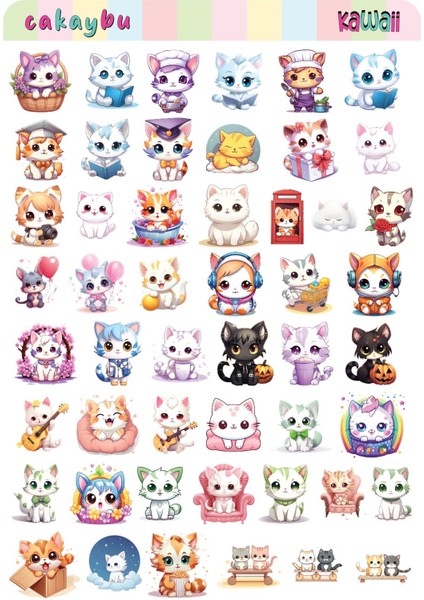 Kawaii Sea Cats( Kediler) Temalı 2 Sayfa A4 100 Adet Sticker Set modelleri