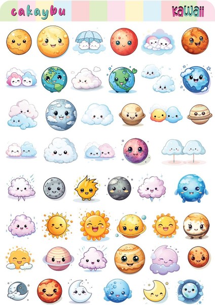 Kawaii Sky ( Gökyüzü ) Temalı 2 Sayfa A4 95 Adet Sticker Set modelleri