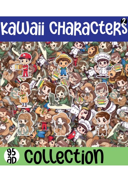 Kawaii Charakters ( Karakterler ) Temalı 2 Sayfa A4 95 Adet Sticker Set
