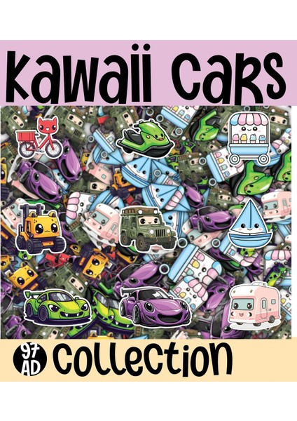 Kawaii Cars( Araçlar ) Temalı 2 Sayfa A4 97 Adet Sticker Set