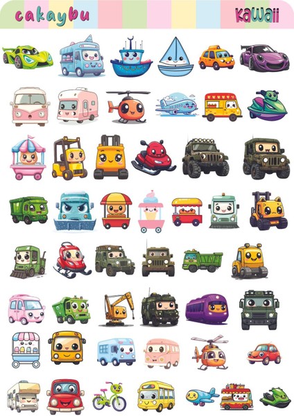 Kawaii Cars( Araçlar ) Temalı 2 Sayfa A4 97 Adet Sticker Set fiyatları