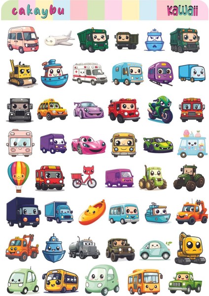 Kawaii Cars( Araçlar ) Temalı 2 Sayfa A4 97 Adet Sticker Set modelleri