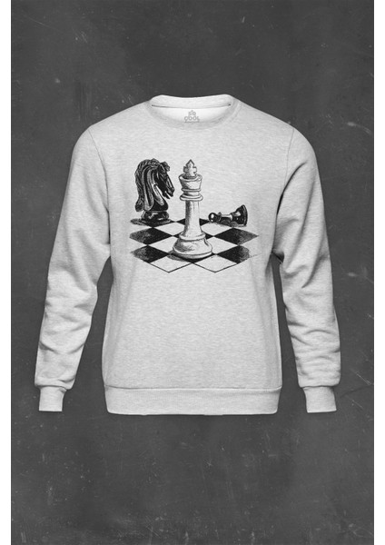 Gri Sweatshirt Satranç Zeka Oyunu Şah Mat Vezir Chess Santranç Baskılı Unisex Sweat