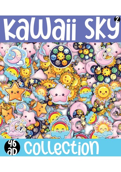 Kawaii Sky ( Gökyüzü ) Temalı 1 Sayfa A4 46 Adet Sticker Set