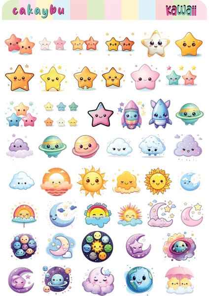 Kawaii Sky ( Gökyüzü ) Temalı 1 Sayfa A4 46 Adet Sticker Set fiyatları
