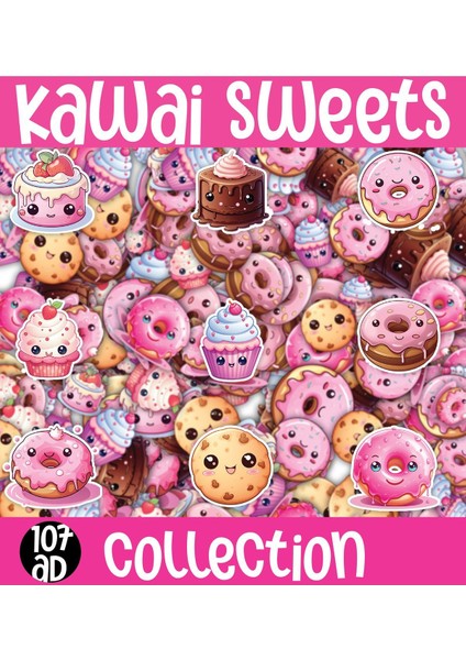 Kawaii Sweets( Tatlılar ) Temalı 2 Sayfa A4 107 Adet Sticker Set