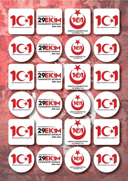 29 Ekim Cumhuriyet 101. Yıl Sticker 4.2 cm 24 Adet 1 Sayfa A4