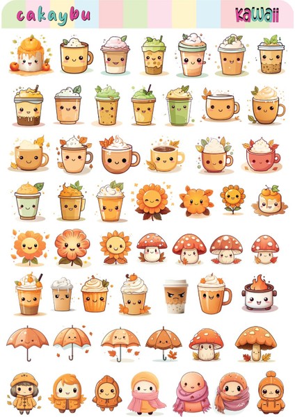 Kawaii Sea Autumn ( Sonbahar ) Temalı 2 Sayfa A4 107 Adet Sticker Set modelleri