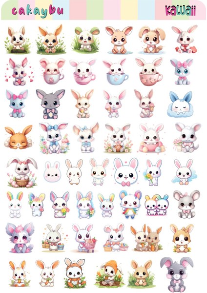 Kawaii Sea Bunny ( Tavşan) Temalı 2 Sayfa A4 98 Adet Sticker Set fiyatları