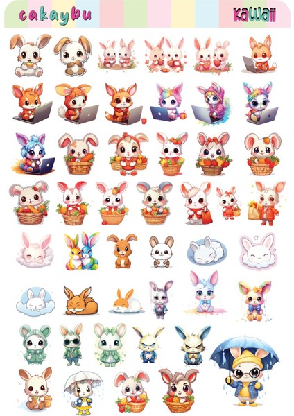 Kawaii Sea Bunny ( Tavşan) Temalı 2 Sayfa A4 98 Adet Sticker Set modelleri
