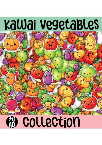 Kawaii Vegetables ( Sebzeler ) Temalı1 Sayfa A4 70 Adet Sticker Set