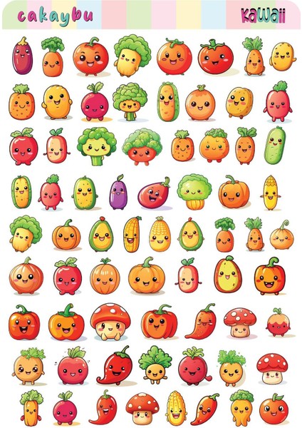 Kawaii Vegetables ( Sebzeler ) Temalı1 Sayfa A4 70 Adet Sticker Set fiyatları