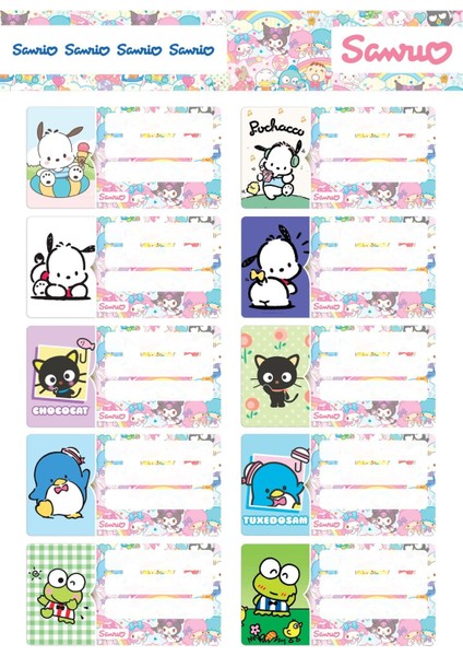 Sanrio Karakterleri 20 Adet Defter Etiketi 2 Sayfa A4