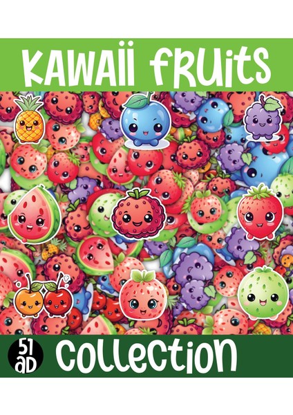 Kawaii Sea Fruits ( Meyveler ) Temalı 1 Sayfa A4 51 Adet Sticker Set