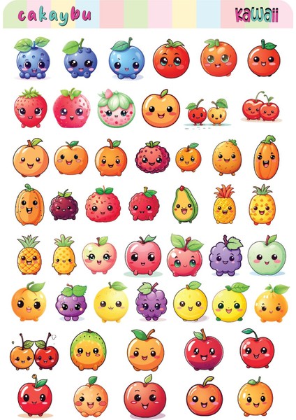 Kawaii Sea Fruits ( Meyveler ) Temalı 1 Sayfa A4 51 Adet Sticker Set fiyatları