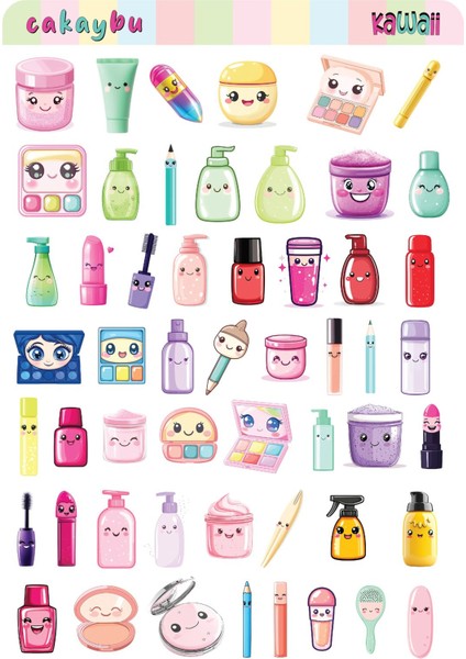 Kawaii Make Up ( Makyaj ) Temalı 2 Sayfa A4 101 Adet Sticker Set fiyatları