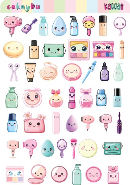 Kawaii Make Up ( Makyaj ) Temalı 2 Sayfa A4 101 Adet Sticker Set modelleri