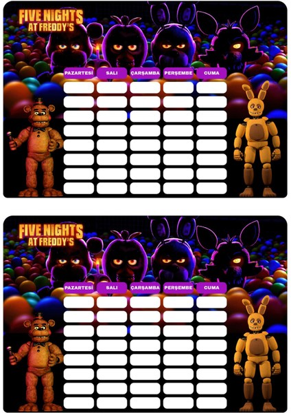 Fnaf Haftalık Ders Programı Sticker Etiket 2 Adet 1 Sayfa A4