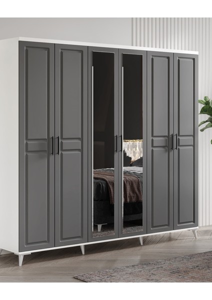 Ücretsiz Montaj - %100 MDF Sport 6 Kapaklı Antrasit Beyaz Aynalı Gardırop - MDF Dolap - Elbise Dolabı