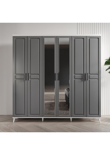 Ücretsiz Montaj - %100 MDF Sport 6 Kapaklı Antrasit Beyaz Aynalı Gardırop - MDF Dolap - Elbise Dolabı fiyatları
