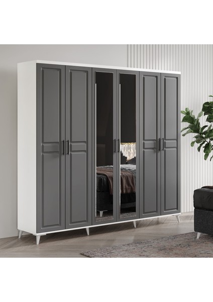 Ücretsiz Montaj - %100 MDF Sport 6 Kapaklı Antrasit Beyaz Aynalı Gardırop - MDF Dolap - Elbise Dolabı modelleri