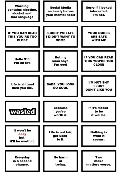 Cep Telefonu Sticker Set 21 Farklı Slogan Ad 1 Sayfa A4 ( 5x3 cm ) modelleri