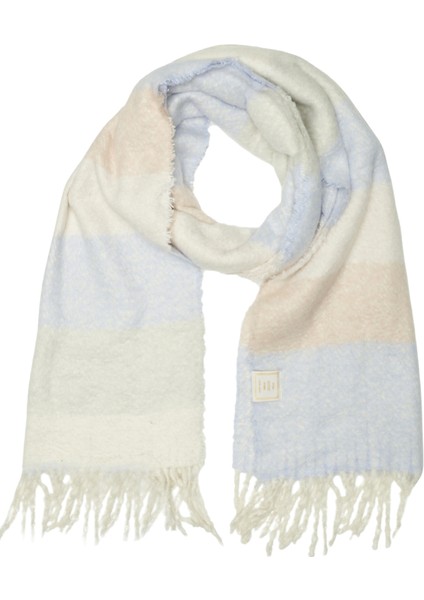 Beyaz Yünlü Yumuşak Dokulu Püsküllü Büyük Boy Çizgili Desenli Şardonlu Uzun ve Geniş Şal Atkı