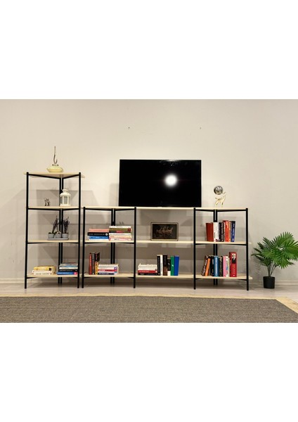 Dekoratif Geniş Raflı Metal Tv Ünitesi Kitaplık Dosya Kitap Rafı Ofis Salon Raf 240X123CM