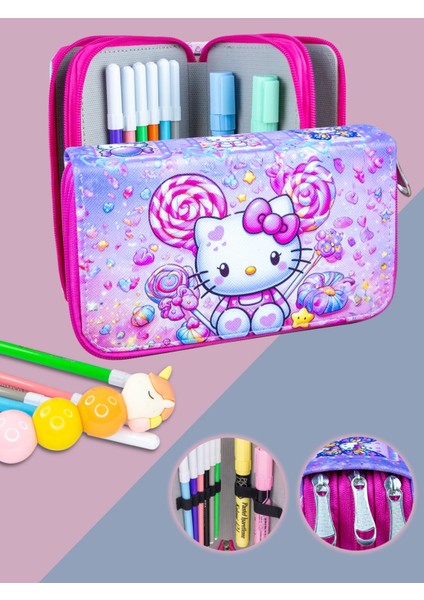 Kalem Kutusu Candy Kitty Orginazer Üç Bölmeli Vegan Deri (Kalemlik)