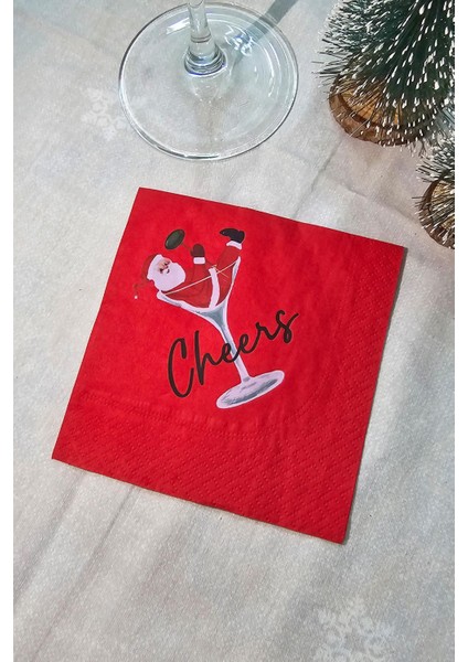 Kadehte Noel Baba Cheers Baskılı Yılbaşı Peçete Kare Kokteyl Peçetesi - Kırmızı Kare Peçete 12LI Paket fiyatları