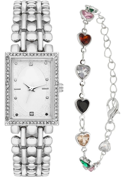 Bayan Gri Metal Kol Saati-Renkli Taşlı Kalpli Bileklik Hediye Set PS3762