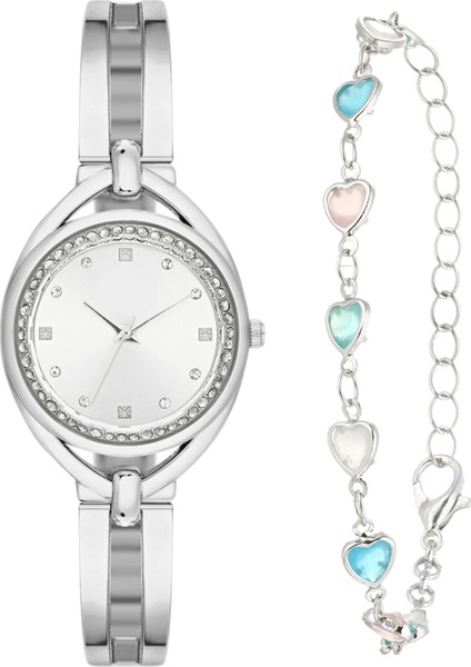 Bayan Gri Metal Kol Saati-Kalpli Bileklik Hediye Set PS3764