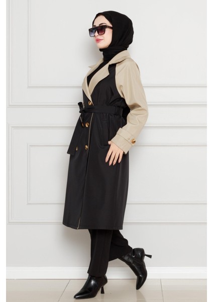 Iki Renkli Kemerli Trençkot-Siyah fiyatları