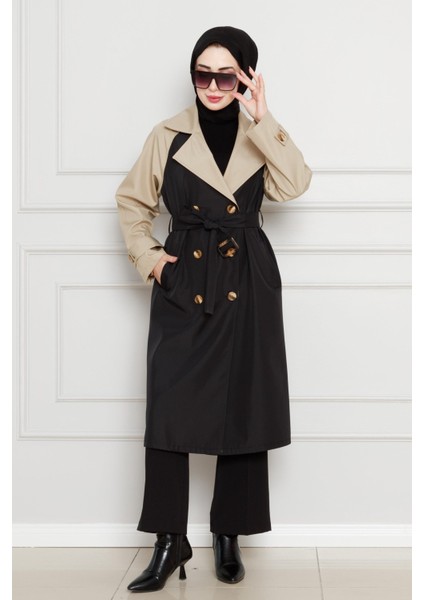 Iki Renkli Kemerli Trençkot-Siyah modelleri