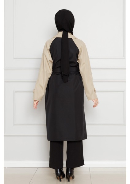 Iki Renkli Kemerli Trençkot-Siyah indirimleri