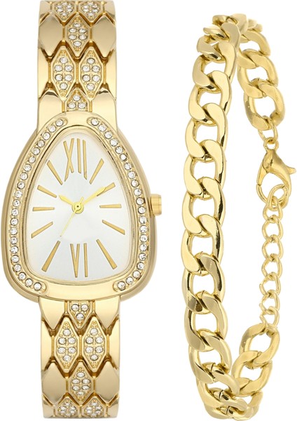 Bayan Taşlı Gold Metal Kol Saati-Zincir Bileklik Hediye Set PS3772