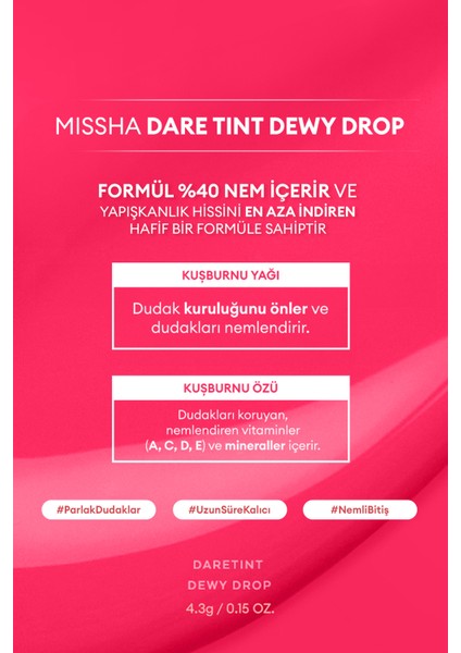 Uzun Süre Kalıcı, Nemli Bitiş Sunan Parlak Tint Dare Tint Dewy Drop (Pink Pebble)