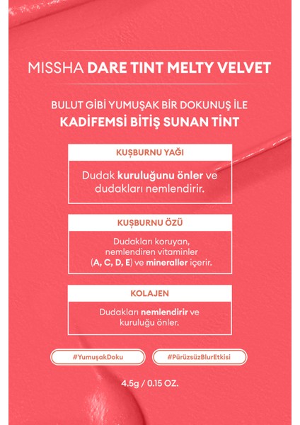 Uzun Süre Kalıcı, Bulaşma Yapmayan, Kadifemsi Bitiş Sunan Tint Dare Tint Melty Velvet (Rosy Cloud)