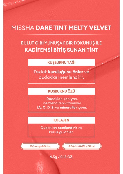 Uzun Süre Kalıcı, Bulaşma Yapmayan, Kadifemsi Bitiş Sunan Tint Dare Tint Melty Velvet (Roselicious)