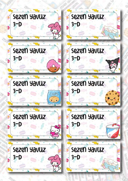 Kuromi ve Arkadaşları Defter Etiketi- Kalem Etiketi A4 2 Sayfa modelleri