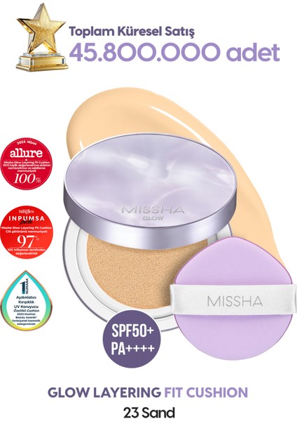 Yoğun Kapatıcı, Nemli ve Parlak Bitişli Cushion Glow Layering Fit Cushion SPF50+/PA++++ No.23 Sand