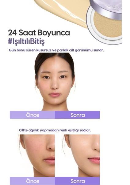 Yoğun Kapatıcı, Nemli ve Parlak Bitişli Cushion Glow Layering Fit Cushion SPF50+/PA++++ No.23 Sand