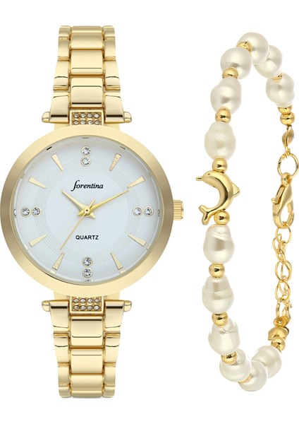 Bayan Gold Metal Kol Saati-Yunus Bileklik Hediye Set PS3754