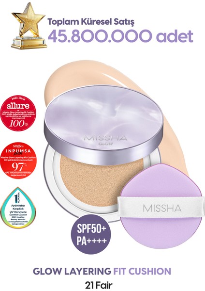 Yoğun Kapatıcı, Nemli ve Parlak Bitişli Cushion Glow Layering Fit Cushion SPF50+/PA++++ No.21 Fair